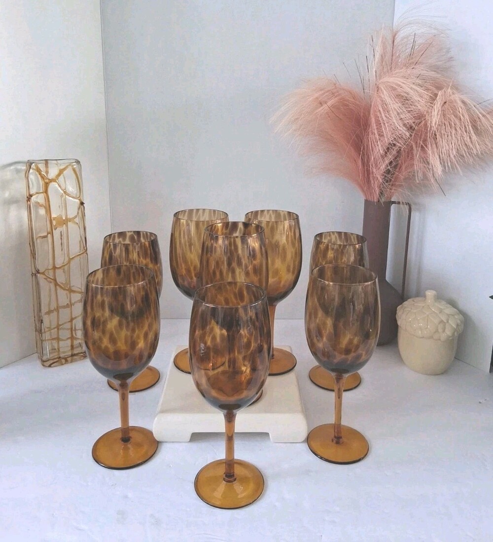 VTG Rachel Zoe Tortoiseshell/Leopard Hand Blown Style Wine Goblets;8 PC SET!Mint